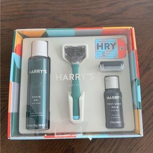 Harry's Razor Shaving Gift Set Shave Gel Post Shave Balm Green Blue Handle NEW.